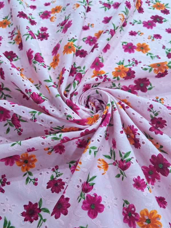 Pink And Yellow Floral Print With White Thread Embroidery On Pink Cotton Blended Fabric