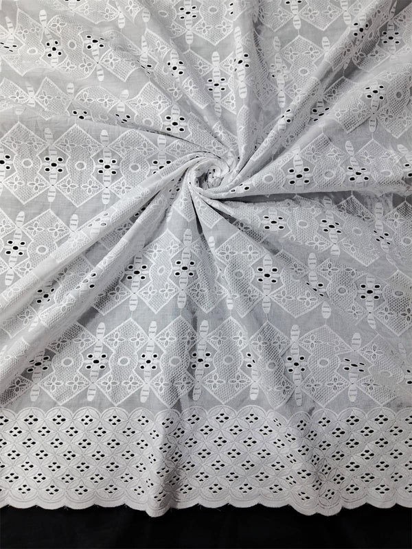 White Thread All Over Abstract Designed Embroidery On Pure Cotton Dry Lace Fabric