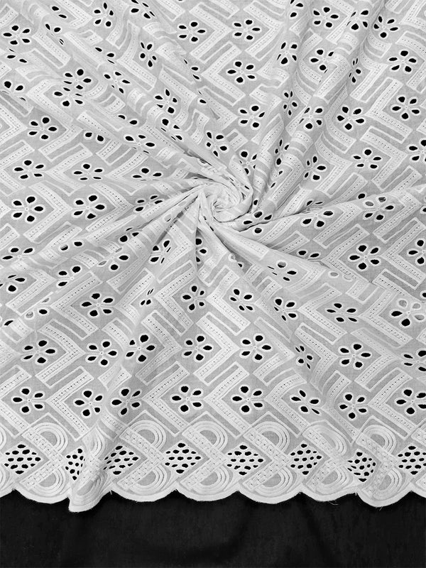 White Thread All Over Floral Designed Schiffli Embroidery On Pure Cotton Dry Lace Fabric