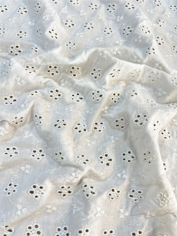 Floral Eyelet White Thread Embroidery on Stretchable Cotton Knit Fabric