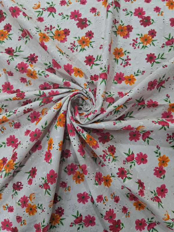 Pink And Yellow Floral Print With White Thread Embroidery On Grey Cotton Blended Fabric