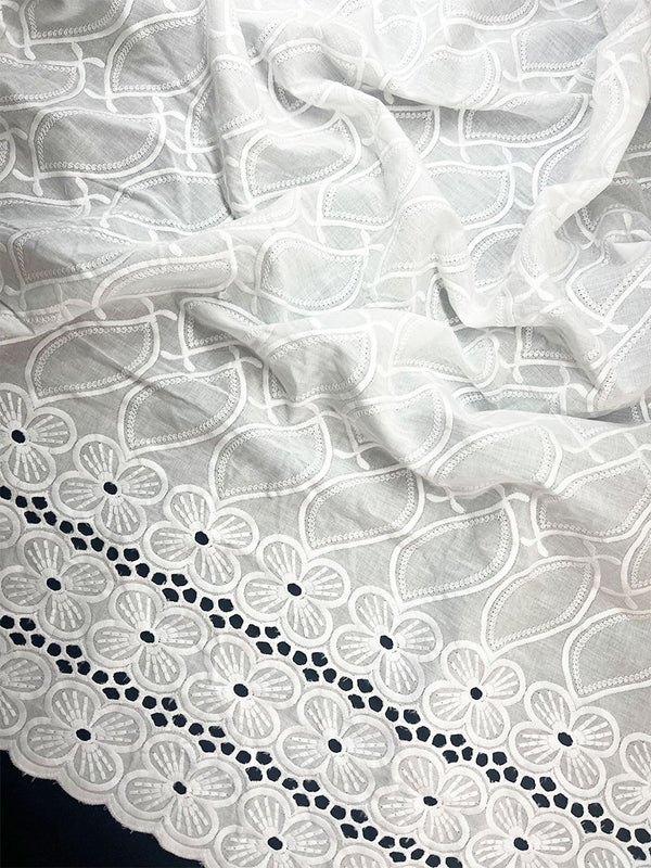 Elegant Floral Eyelet Border All over White Thread Embroidery on Pure Cotton Dry Lace Fabric