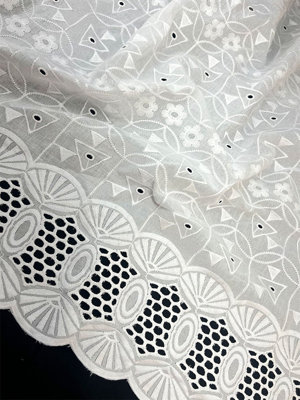 White Thread All Over Abstract Designed Schiffli Embroidery On Pure Cotton Dry Lace Fabric