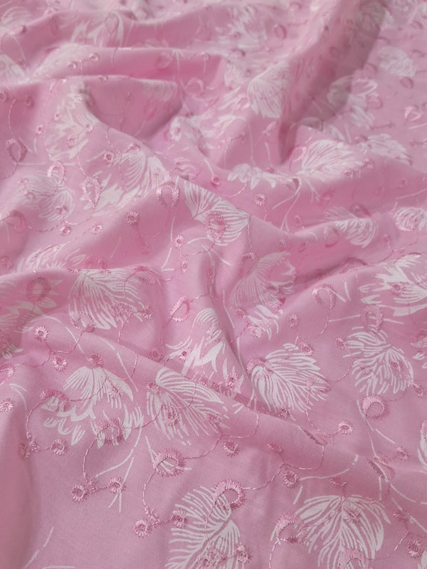 Pink Thread Pretty Floral Printed Embroidery On Pink Blended Cotton Fabric