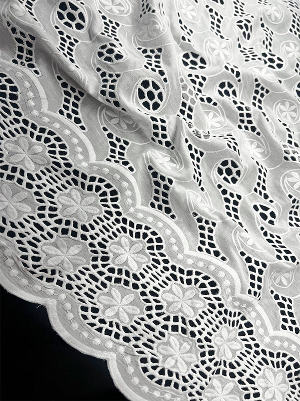 All over Geometric White Thread Schiffli Embroidery on Dyable Pure Cotton Dry Lace Fabric
