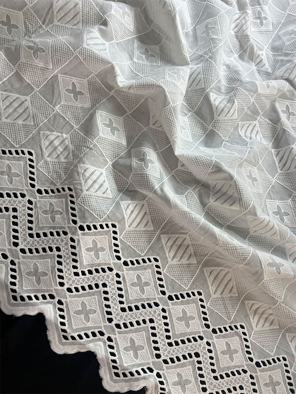 Beautiful Eyelet Border Geometric Design All over White Thread Embroidery on Pure Cotton Dry Lace Fabric