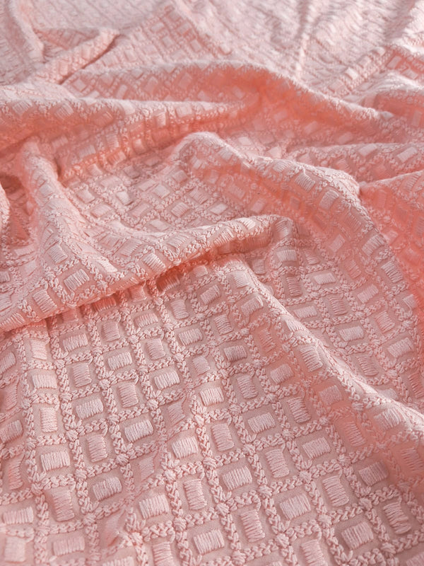 Beautiful Peach Geometric Embroidery On Dyed Rayon Fabric