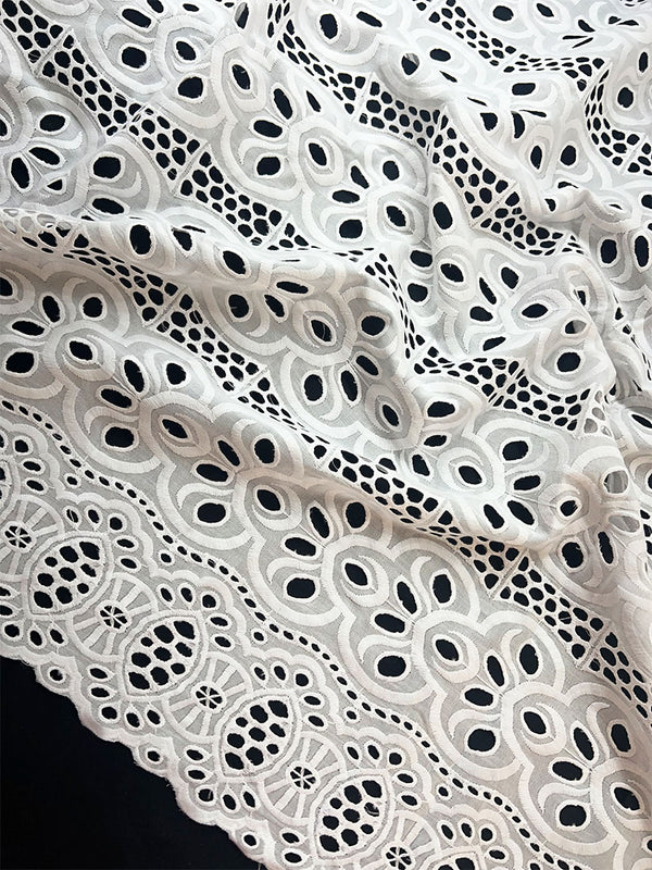 All Over Floral Design White Thread Schiffli Embroidery With Eyelet On Pure Cotton Dry Lace Fabric
