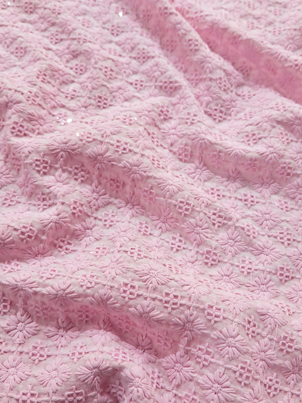 Geometric Design Pink Thread Embroidery With Sequins On Polyester Cotton Striped Fabric