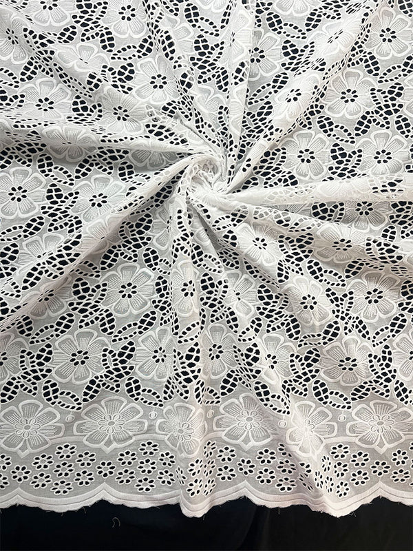 All Over Floral Design White Thread Schiffli Embroidery On Dyable Pure Cotton Dry Lace Fabric