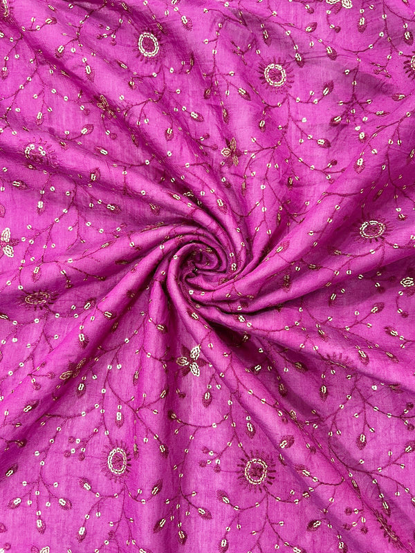 Magenta Floral Sequins Embroidery On Chanderi Fabric