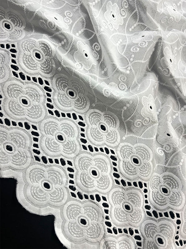 Elegant Eyelet With All over Floral White Thread Embroidery on Pure Cotton Dry Lace Fabric