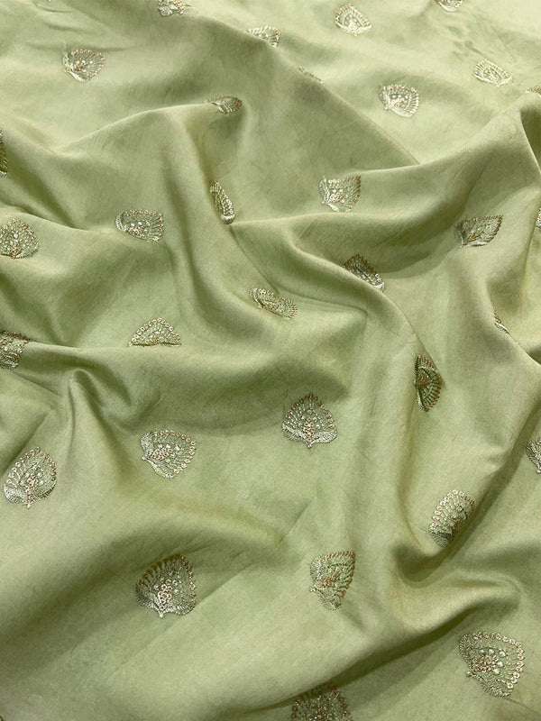 Green Leaf Embroidery With Sequins On Chanderi Fabric