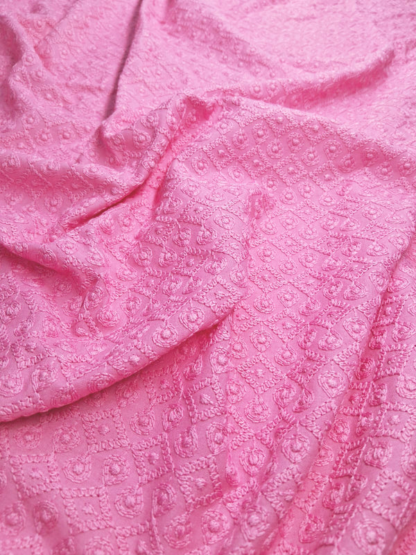 Beautiful Pink Geometric Embroidery With Detailing On Dyed Rayon Fabric