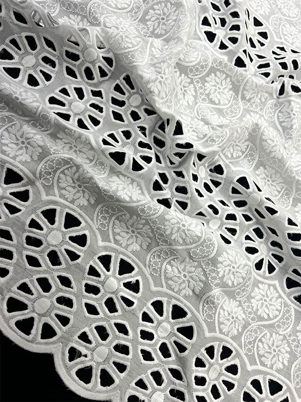 Beautiful Eyelet With All over Floral White Thread Schiffli Embroidery on Pure Cotton Dry Lace Fabric