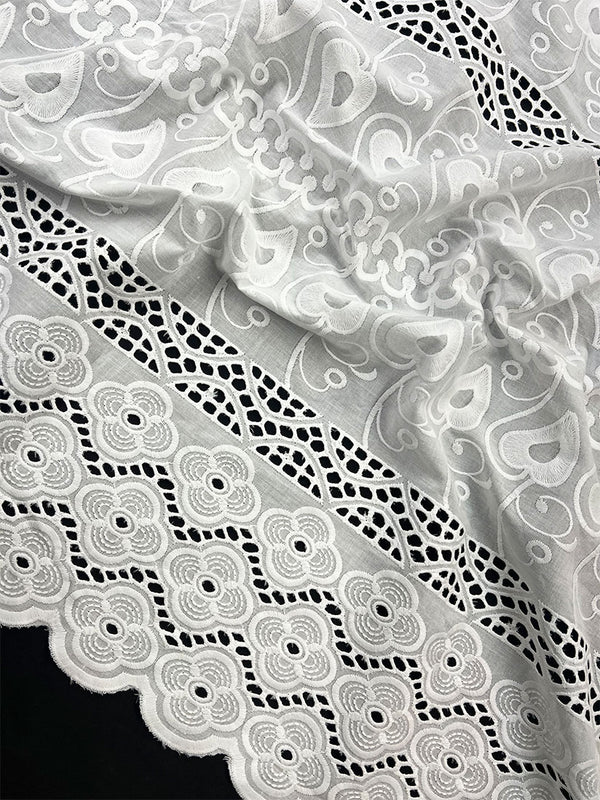 Unique Floral Eyelet  All over White Thread Embroidery on Dyable Pure Cotton Dry Lace Fabric