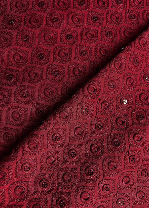 Hexagon Design Maroon Thread Embroidery With Sequins On Blended Cotton Fabric