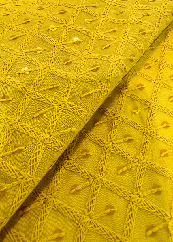 Pretty Abstract Design Mustard Thread Embroidery With Sequins On Blended Cotton Fabric