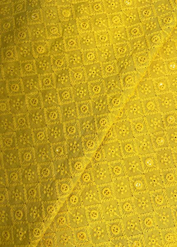Unique Design Mustard Thread Embroidery With Sequins On Blended Cotton Fabric