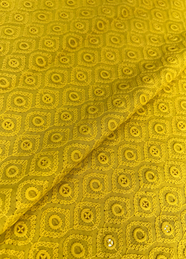 Hexagon Design Yellow Thread Embroidery With Sequins On Blended Cotton Fabric