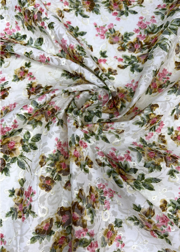 Mustered And Green Floral Print With White Thread Embroidery On Cotton Blended Fabric