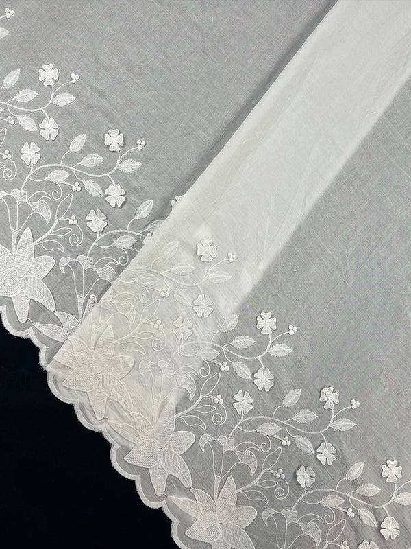 Floral White Thread Applique Embroidery On Dye Able Soft Cotton Fabric