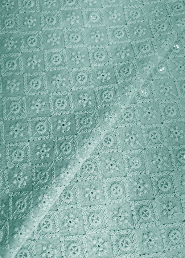 Unique Design Sea Blue Thread Embroidery With Sequins On Blended Cotton Fabric