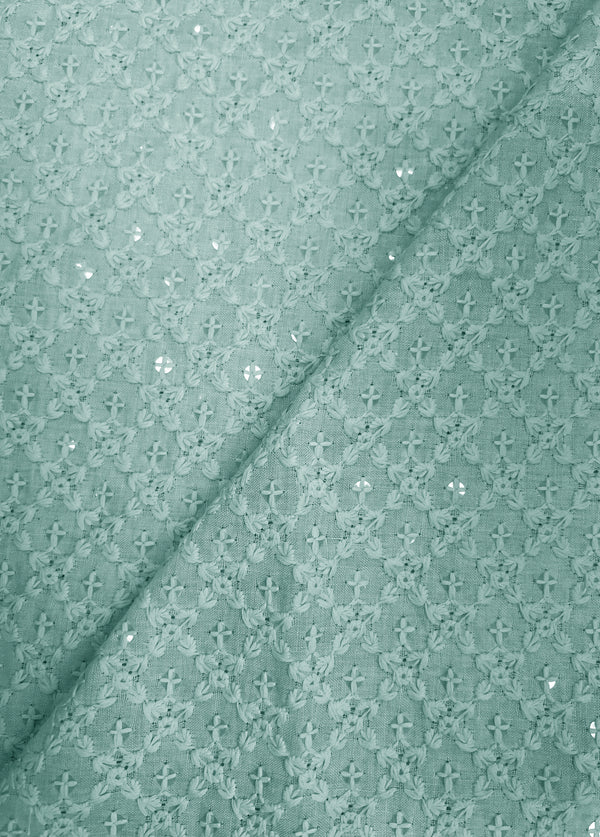 Elegant Sky Blue Thread Embroidery With Sequins On Blended Cotton Fabric