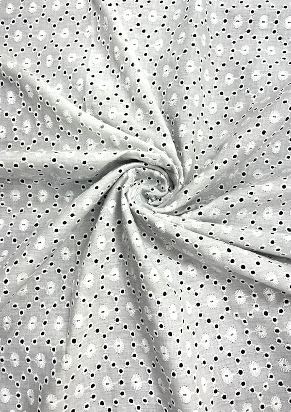 Circle Pattern Eyelet All-Over Geometric Embroidery On Dyed Cotton Blend Fabric