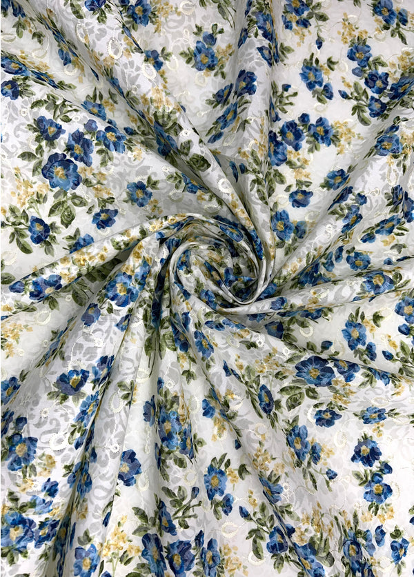 Blue And Green Floral Print With White Thread Embroidery On Cotton Blended Fabric