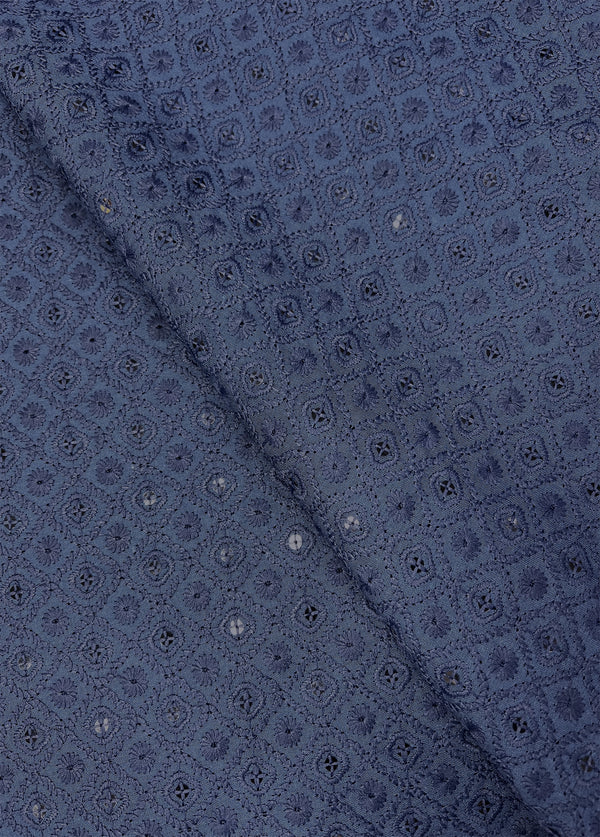 Elegant Geometric Design Embroidery With Sequins On Dark Blue Blended Cotton Fabric