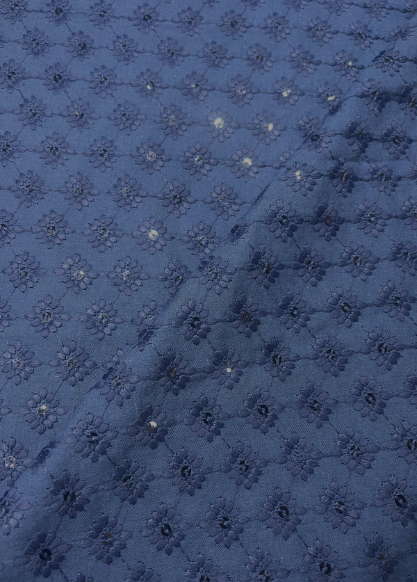 Geometric Design Embroidery With Sequins On Dark Blue Blended Cotton Fabric