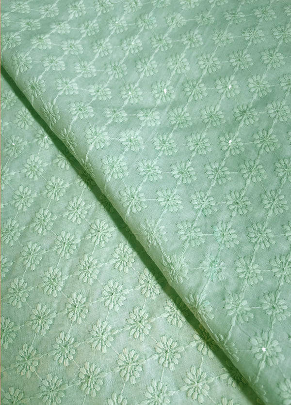 Elegant Green Thread Embroidery With Sequins On Green Blended Cotton Fabric