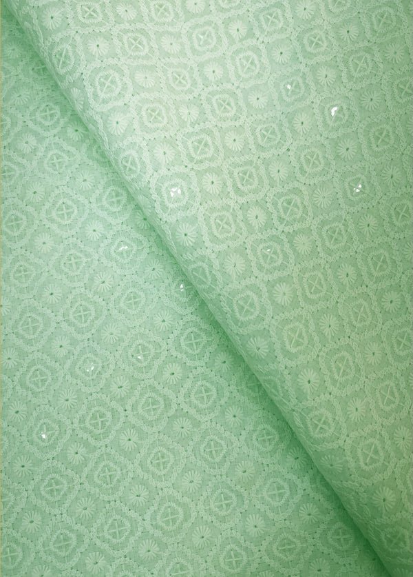 Beautiful Geometric Design Embroidery With Sequins On Green Blended Cotton Fabric