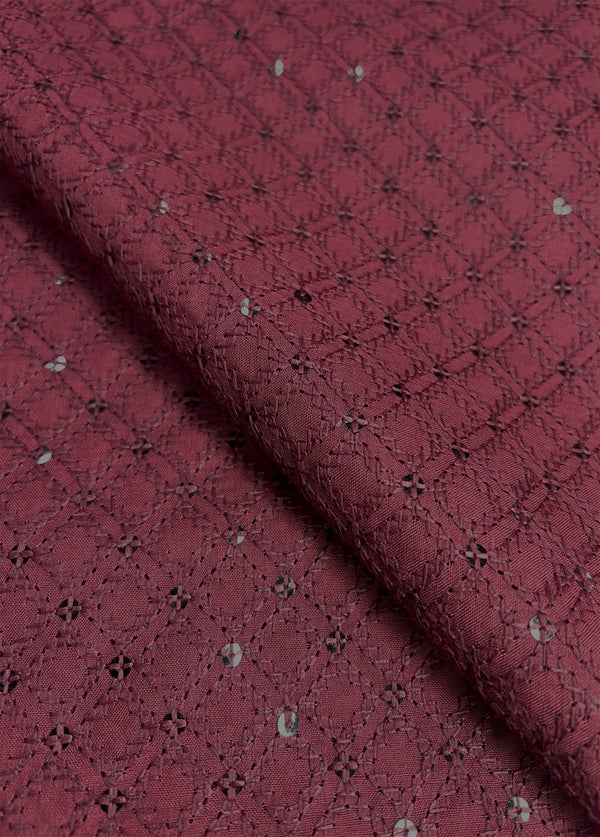 Beautiful Square Design Maroon Thread Embroidery With Sequins On Blended Cotton Fabric