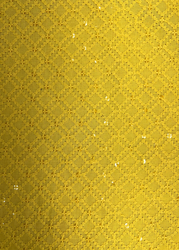 Beautiful Square Design Mustard Thread Embroidery With Sequins On Blended Cotton Fabric
