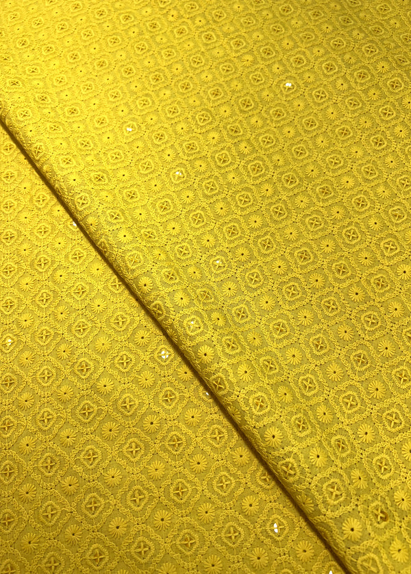 Beautiful Geometric Design Embroidery With Sequins On Mustard Blended Cotton Fabric