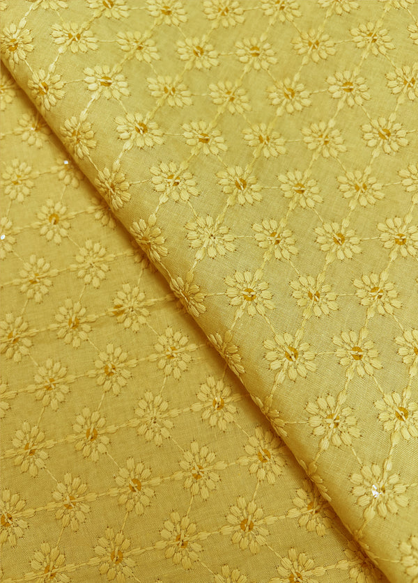 Geometric Design Yellow Thread Embroidery With Sequins On Blended Cotton Fabric
