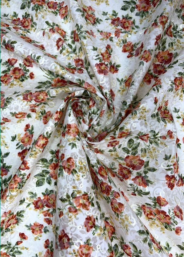 Orange And Green Floral Print With White Thread Embroidery On Cotton Blended Fabric