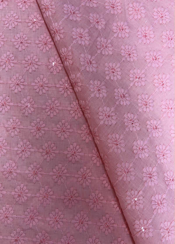 Geometric Design Pink Thread Embroidery With Sequins On Blended Cotton Fabric