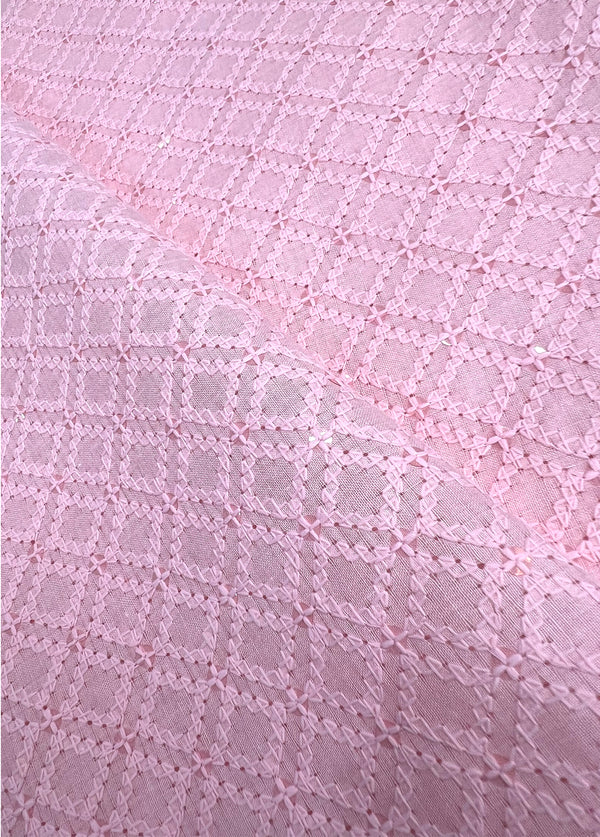 Beautiful Square Design Pink Thread Embroidery With Sequins On Blended Cotton Fabric
