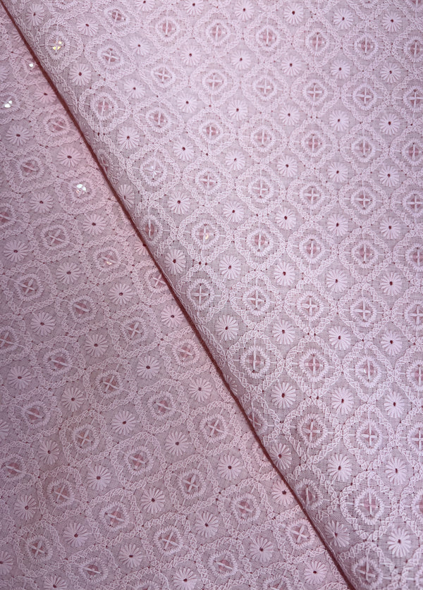 Beautiful Geometric Design Embroidery With Sequins On Pink Blended Cotton Fabric