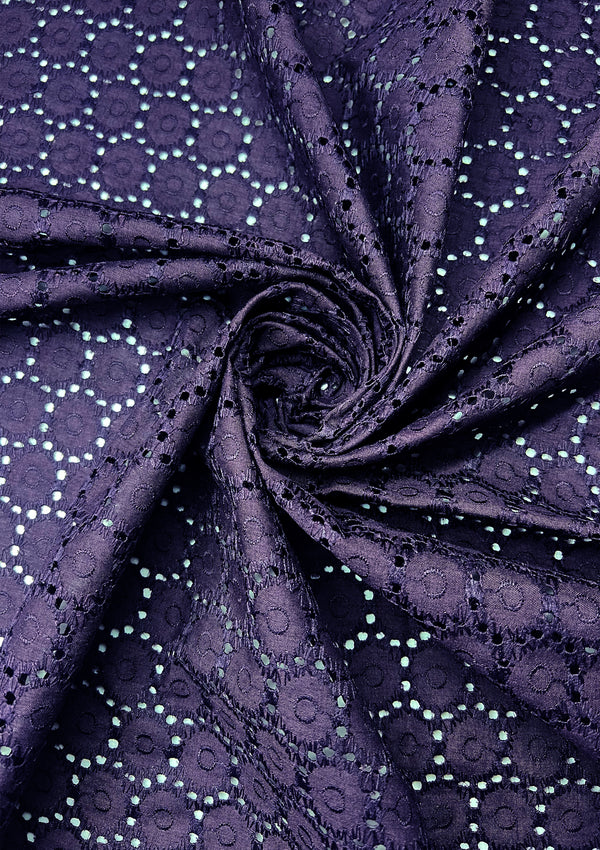 Circle Pattern Eyelet All-Over Embroidery On Dyed Cotton Blend Fabric