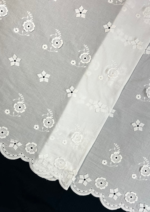 Beautiful White Floral Applique Embroidery On Dyable Extra Soft Cotton Fabric
