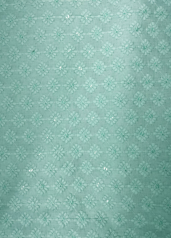 Elegant Floral Design Embroidery With Sequins On Blended Sea Green Cotton Fabric