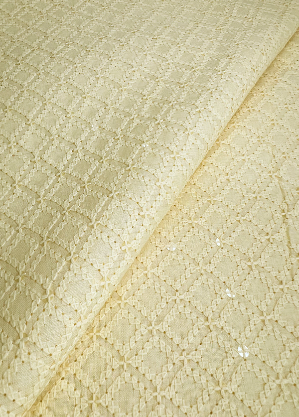 Elegant Geometric Design Embroidery With Sequins On Light Yellow Blended Cotton Fabric