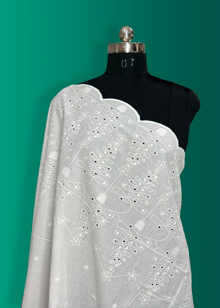 Buti Full Boder Abstract border with all-over butti embroidery on white cotton fabric ...