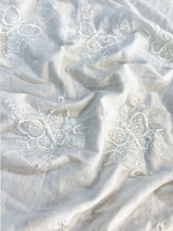 White Thread All-Over Embroidered Butterflies On Stretchable Cotton Knit Fabric