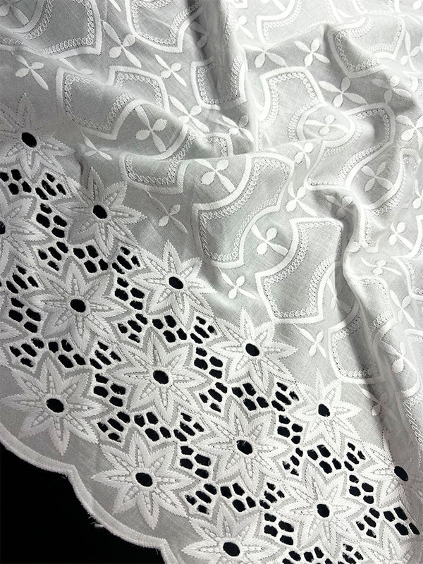 Floral Eyelet Border All over White Thread Embroidery on Pure Cotton Dry Lace Fabric
