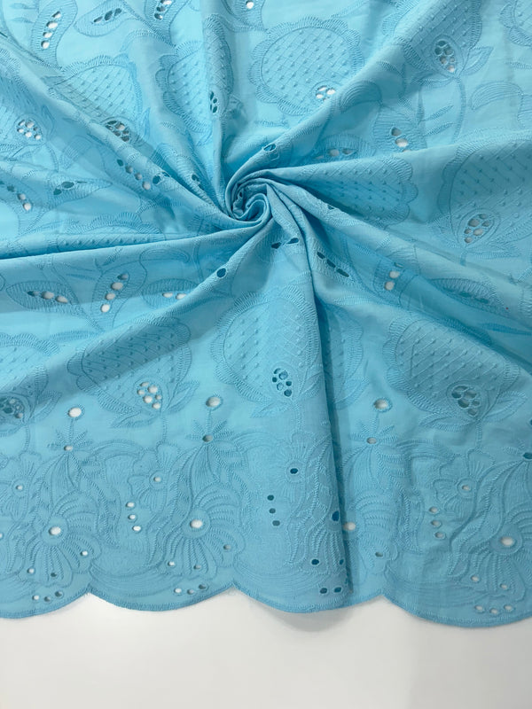 Floral All over Powder Blue  Thread Embroidery on Pure Cotton Dry Lace Fabric